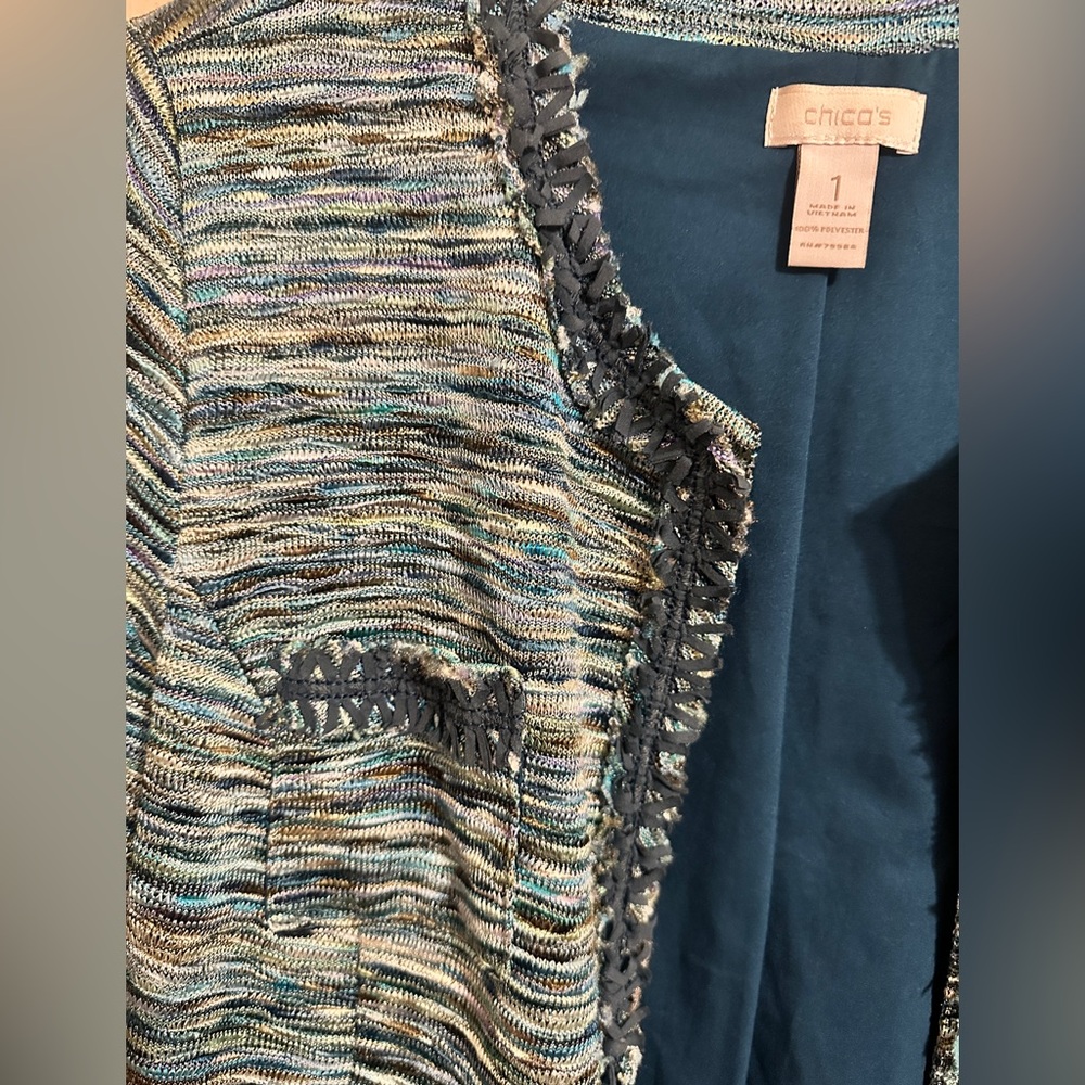 Chico’s Knit Fringe Ronique Open Front Jacket, Blue/Green, Size 1/M - Picture 2 of 5